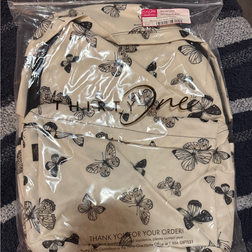 NIP Thirty-One Cool for School Cream & Black Butterfly Backpack